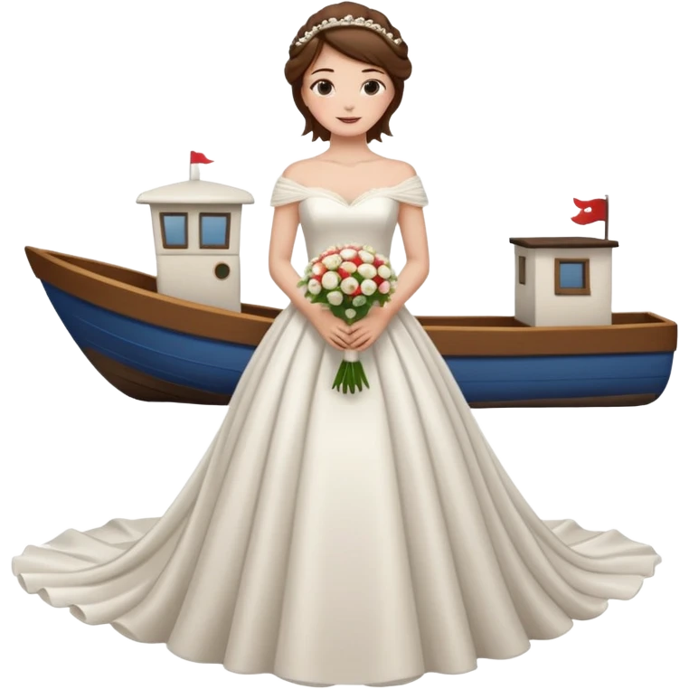 Chica blanca,cuerpo entero, vestido boda cuello barco y cola, pelo castaño,   1 ramo de flores , pelo recogido con mechones emoji