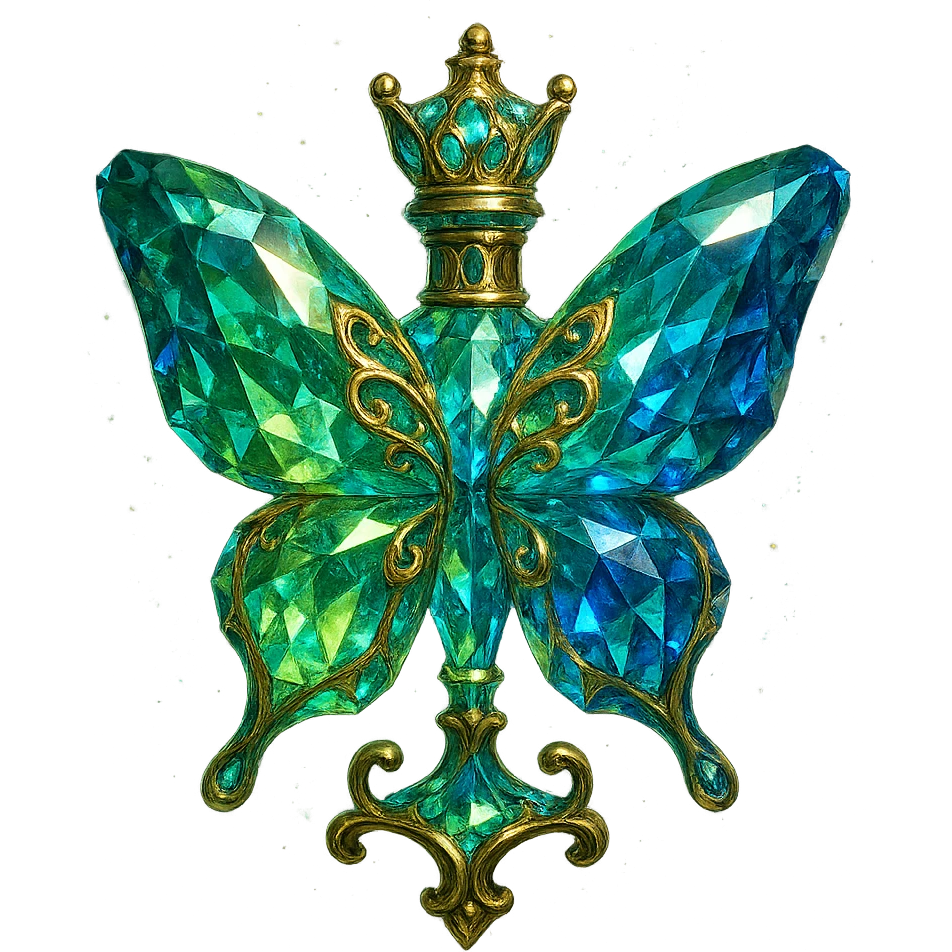 luxurious crystal butterfly-shaped bottle with short neck and crown, green (#c0ff53) and blue colors, many glowing facets, ornaments, magical effects, golden details, transparent background, beautiful connected base, floating in air, no ground or shadow, very similar to original emoji