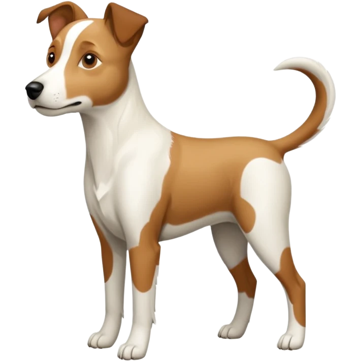 a full body large white parson russell looking dog the size of a kelpie with light brown ears and a light brown patch on one eye and a large snout emoji