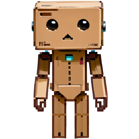 small cardboard robot named Danbo standing alone in a softly lit room, square head with two round black eyes and a small rectangular mouth, folded cardboard body, jointed arms and legs, warm wooden floor, soft shadows, cartoonish, clean lines, pastel colors, cozy and nostalgic atmosphere emoji