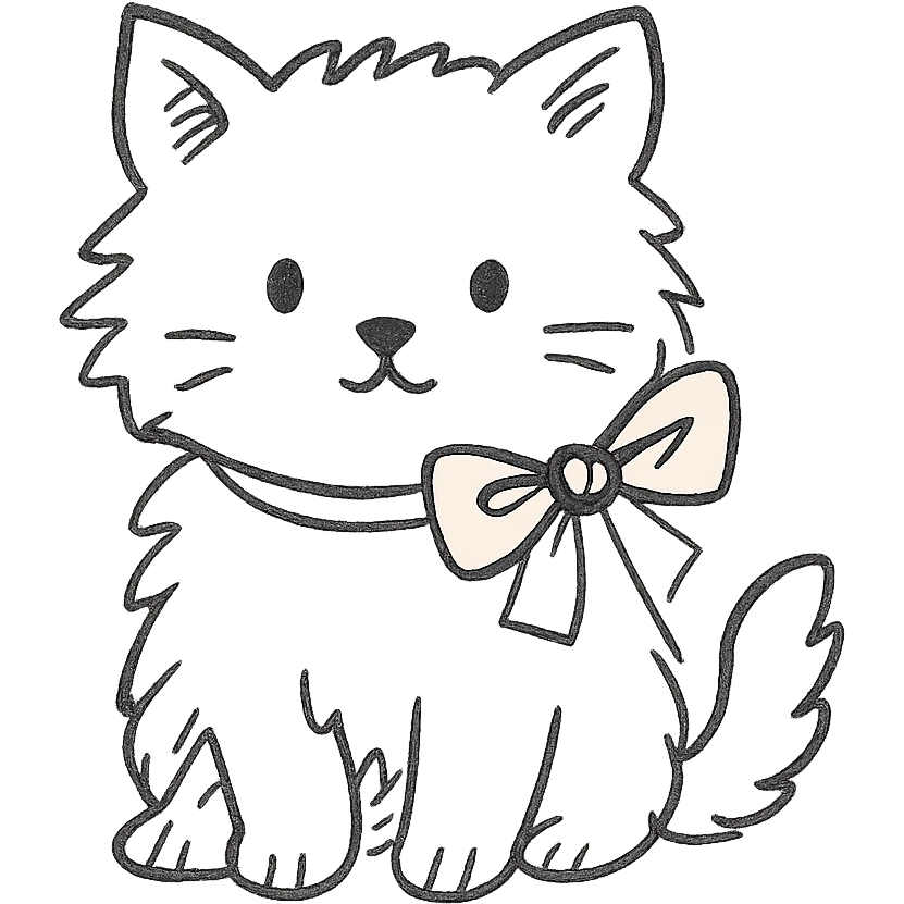 cute fluffy white kitten with a light pink bow, hand drawn icon style emoji