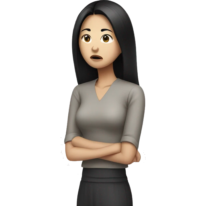 Asian woman with black hair with sad expression, hands on waist emoji