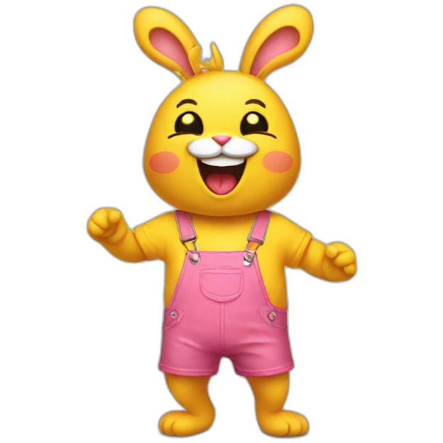 Pink rabbit wearing yellow tee shirt, laughing emoji