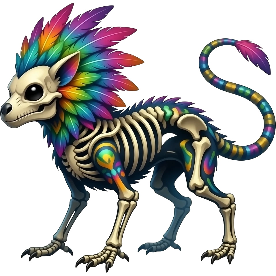 Rare colorful gradients colored realistic dark edgy glossy shiny tropical tribal patterned feathery skeletal badass epic pretty beautiful handsome gorgeous aesthetic colorful vibrant Vernid-Trico-species-Fakemon-creature by LiLaiRa, 4 legs, 1 tail, random markings, (full body) emoji