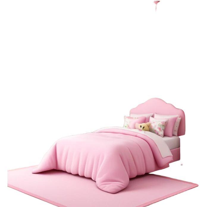 3D rendering realistic still life ultra detailed, HD, 5000x5000 pixels, girls bedroom in girly color scheme. Pale pink walls, with floral curtains,  and many colorful teddy bears emoji