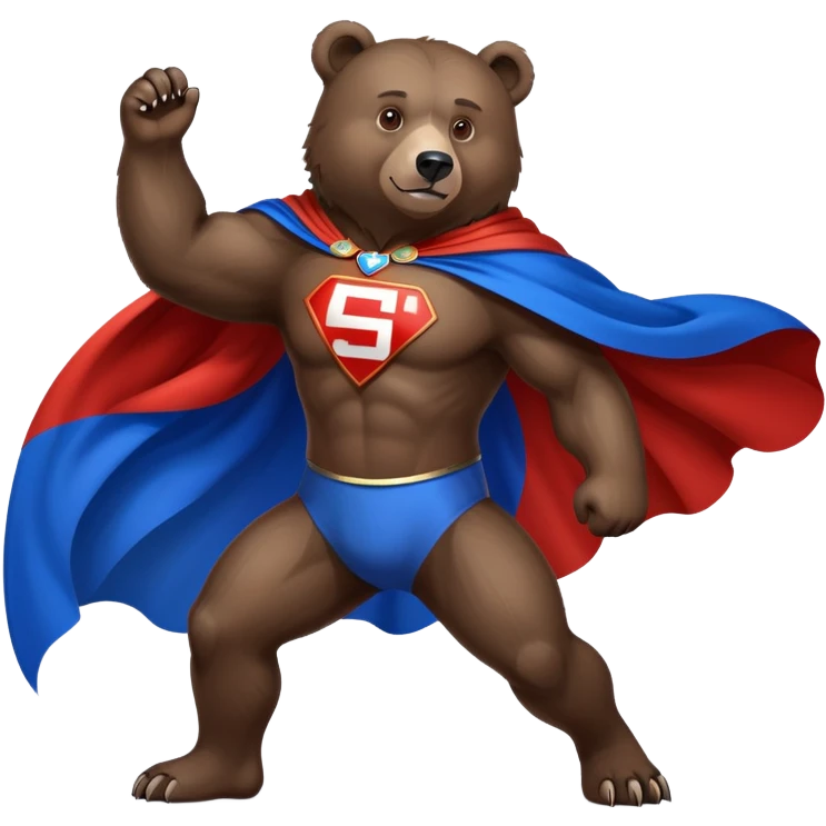 Medium-dark brown bear on four legs with Russian flag as a flowing cape, white, blue and red cloth draped over its back like a superhero cape emoji