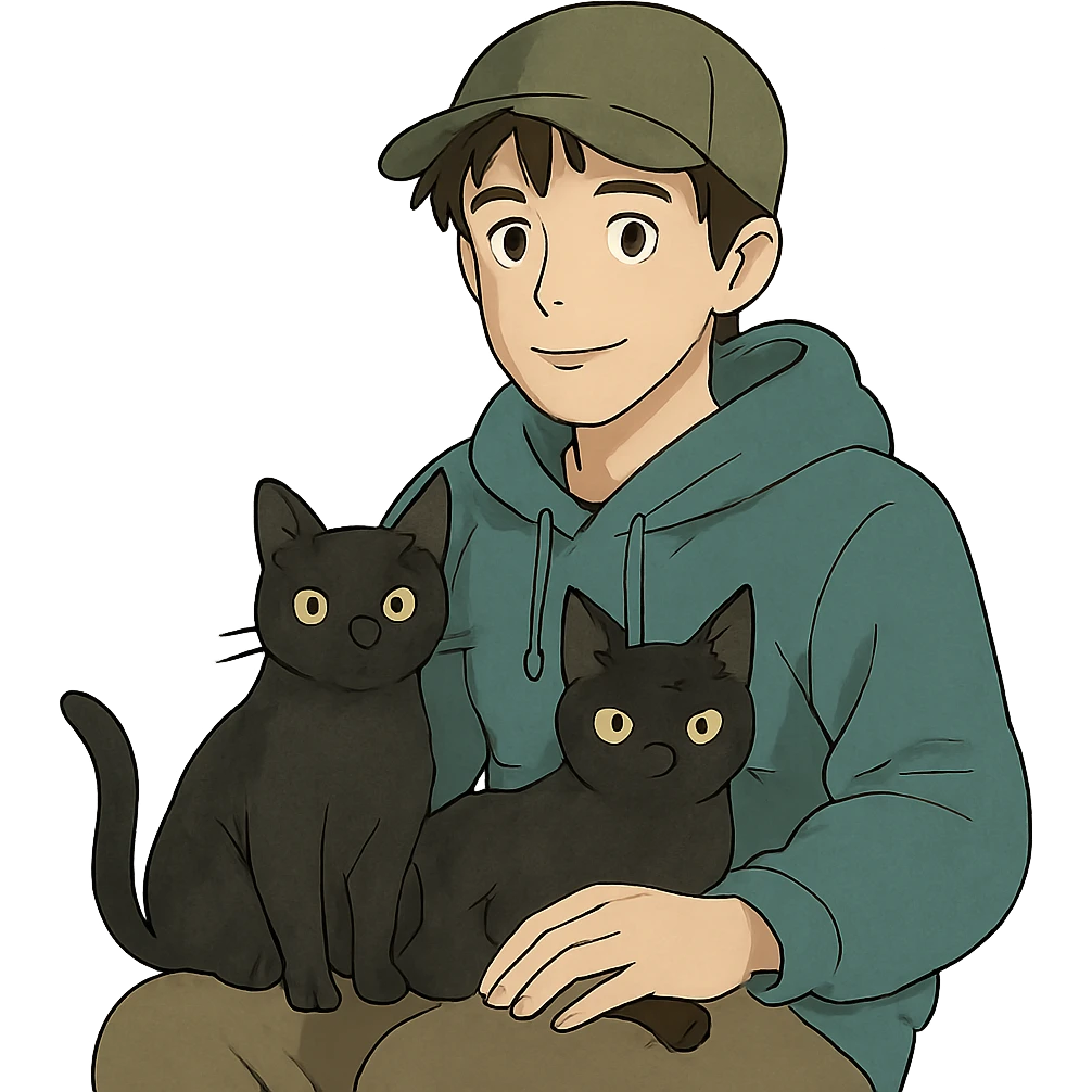 guy with a cap and hoodie, two black cats on his lap emoji