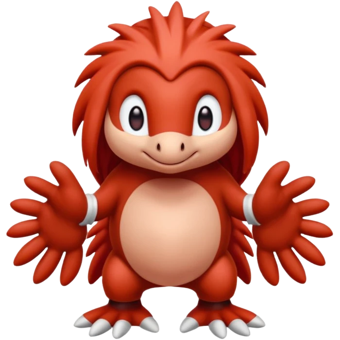 Sonic the hedgehogs friend knuckles a red animal with peach arms and white gloves he’s a echidna with red eyes emoji