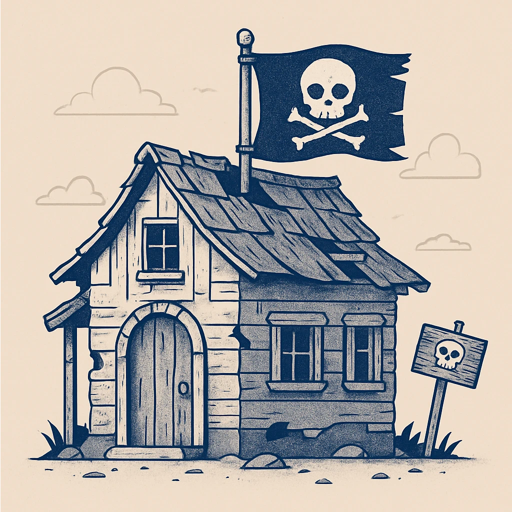 weathered pirate house with skull and crossbones flag emoji