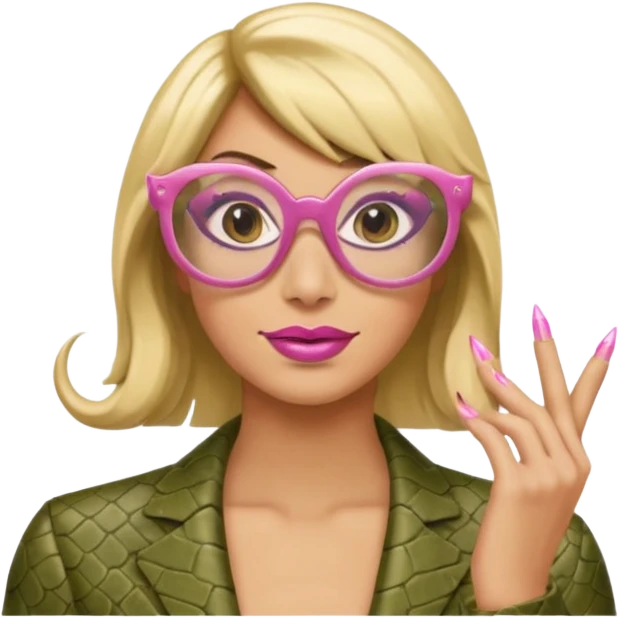 a snake with a bitchy face, a dirty blonde wig, pink pointy nails and square frame golden glasses emoji