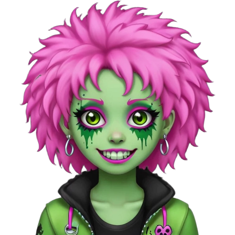 girl, green zombie,pink afro, long, emo, shaggy, dark, spooky,double eyebrow dermal piercing, cute illuminous smile emoji