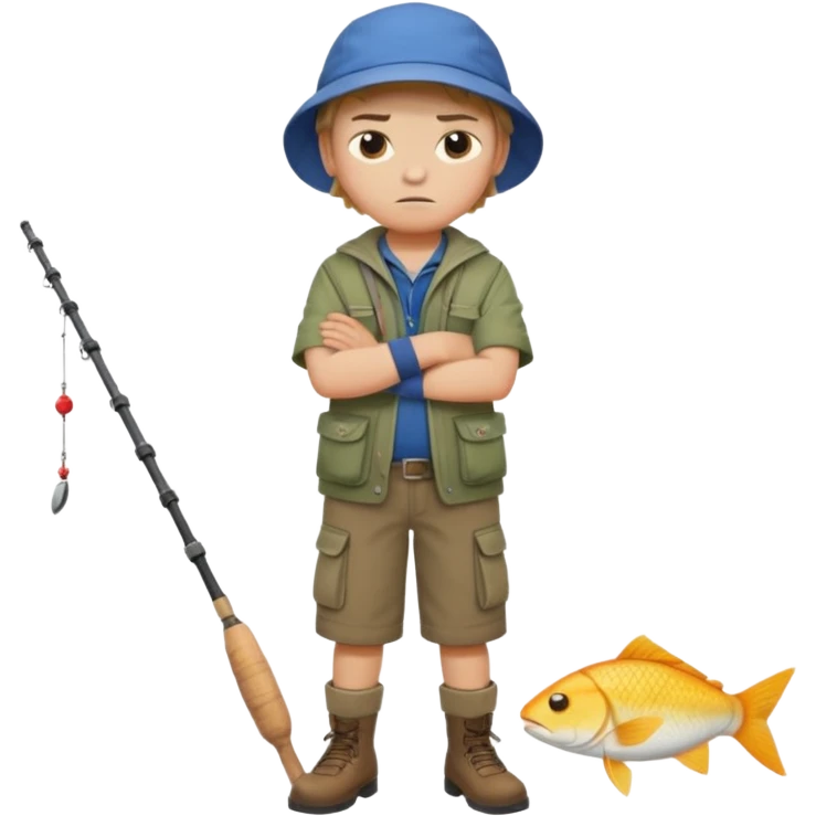 A boy with crossed arms, looking annoyed, dressed in fishing clothes full body emoji
