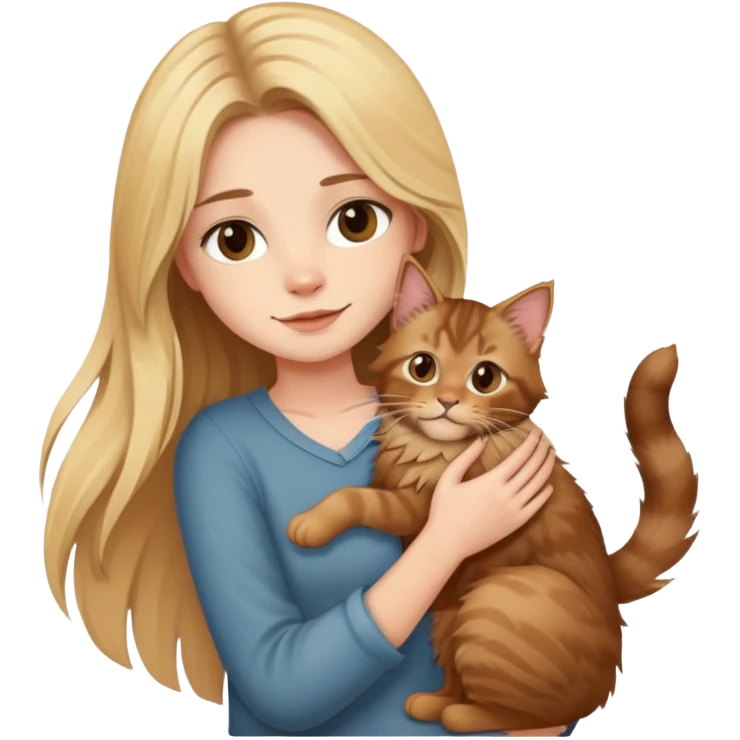 A blonde girl holds a brown Maine Coon cat in her arms emoji