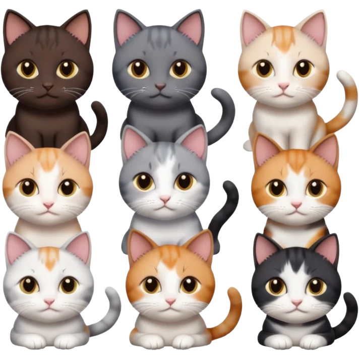 5 different coloured short haired cats including; a dark brown and white cat, and a dark grey and white, and a calico emoji