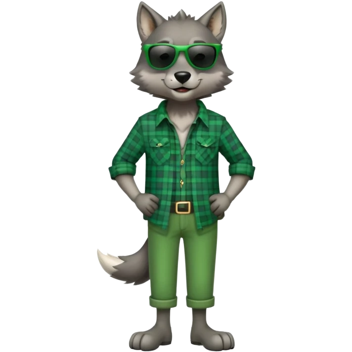 full-body friendly anthropomorphised wolf in green plaid shirt and green attire for St. Patrick's Day, wearing dark sunglasses, upright pose emoji