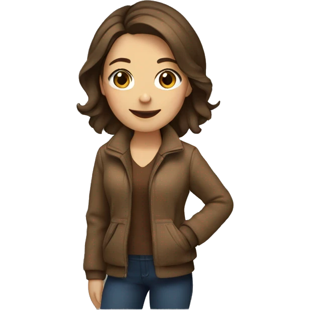 woman, brown hair, smiling, big eyes, brown jacket  emoji