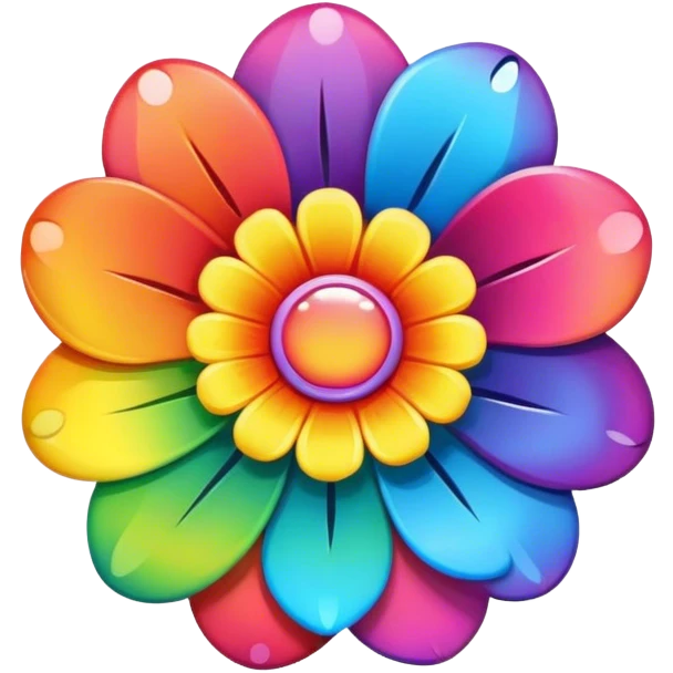 A round psychedelic colored button with a large rainbow colored flower in the center emoji