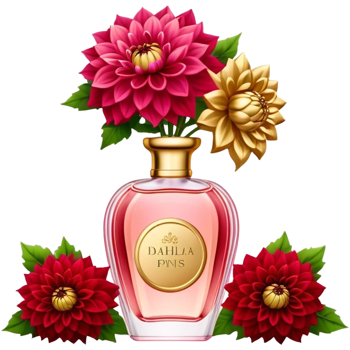 An elegant perfume bottle in Angel Pink with intricate golden details, standing beside a lush bouquet of Vivid Red and Deep Red Dahlias, softly illuminated in a romantic, warm glow emoji