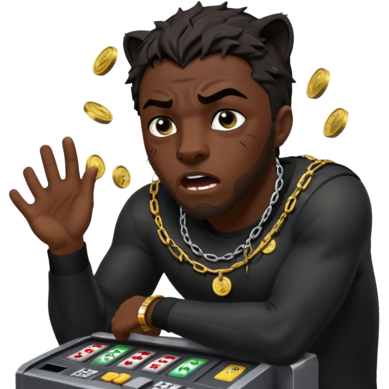 disheveled Black Panther losing money at a slot machine, panicked face, coins flying emoji