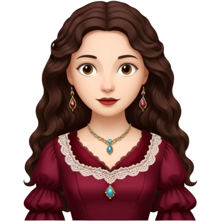 Renaissance lady – long dark brown wavy hair, burgundy gown with lace neckline emoji