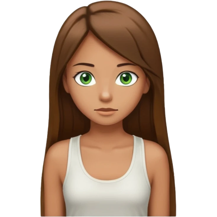 A girl with long brown straight hair, green eyes, and a white tank top; she doesn't have bangs. tan skin emoji