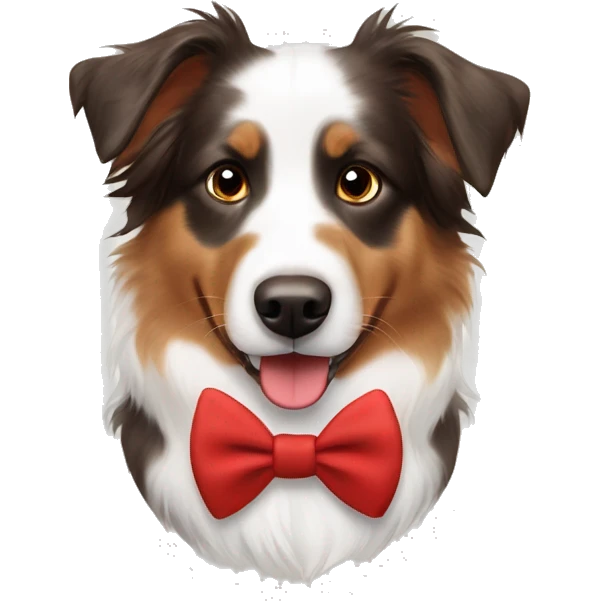 White and brown Australian shepherd with a red bow tie emoji