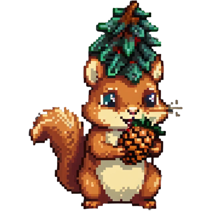 Greedy squirrel with big pine cone on head, weird creepy expression, hungry looking emoji