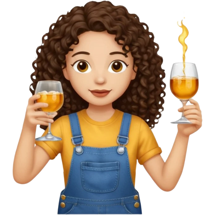 Curly haired curl with long dark brown hair and light skin in overalls toasting with alcohol  emoji