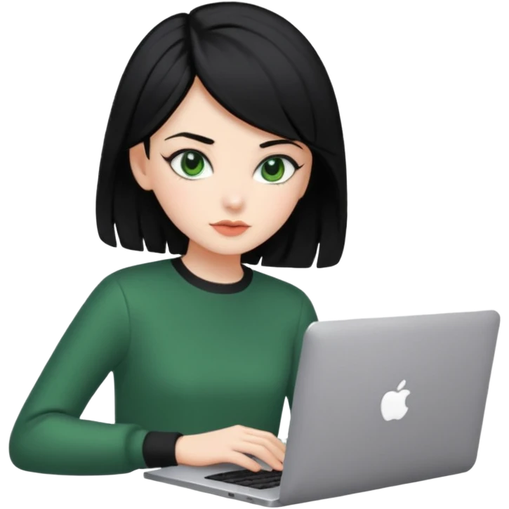 PON UNA NIÑA EN UNA LAPTOP PELINEGRA Y OJI VERDE CON LA ROPA COQUETT Y EL PELO AESTHETIC emoji