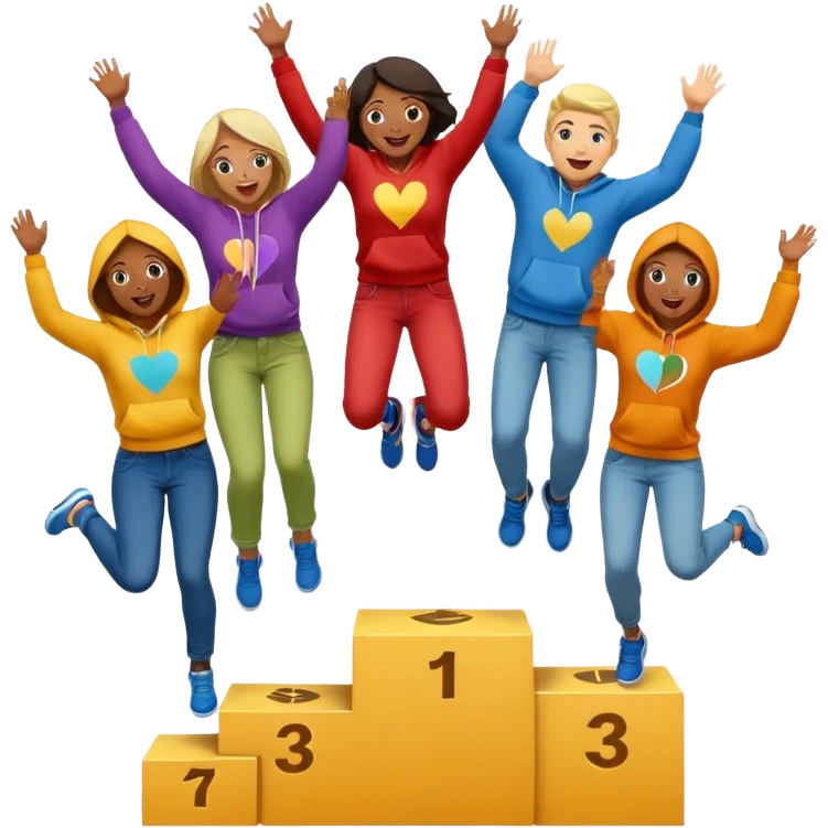 multi-racial group on a winners’ podium with middle step higher, no numbers on podium, colorful jeans t-shirts and hoodies, one person jumping, excited fun expressive emoji style emoji