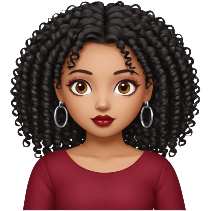 a pretty bratz dusky girl with curly black hair, kajal under eyes, small silver hoop. dark red full sleeve emoji
