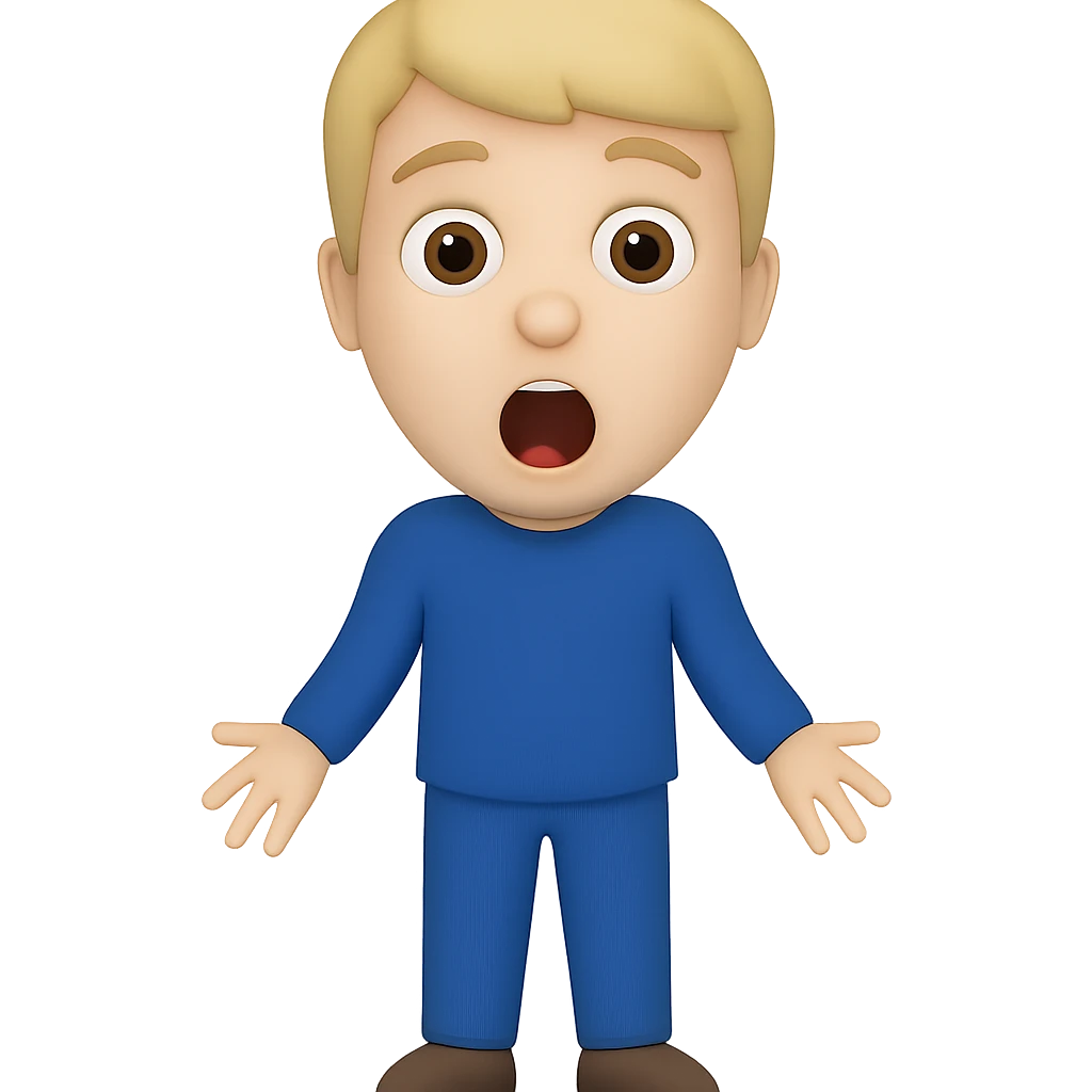 Create a full body surprised young man with mouth open in the same simple emoji style as the reference image, maintaining a transparent background. emoji