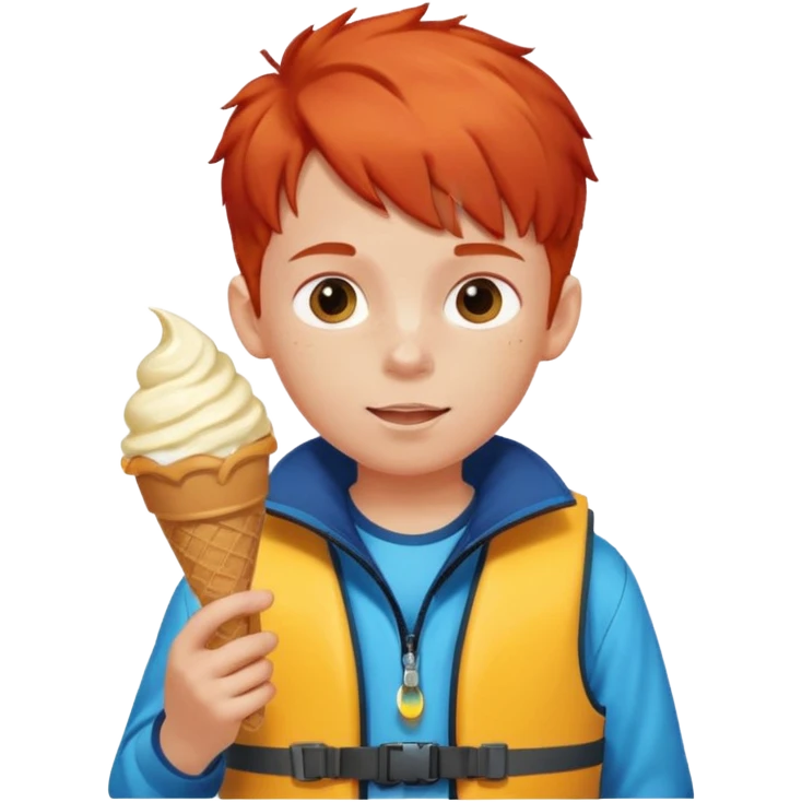 boy kid red haired wearing lifejacket, eating ice cream, sun emoji