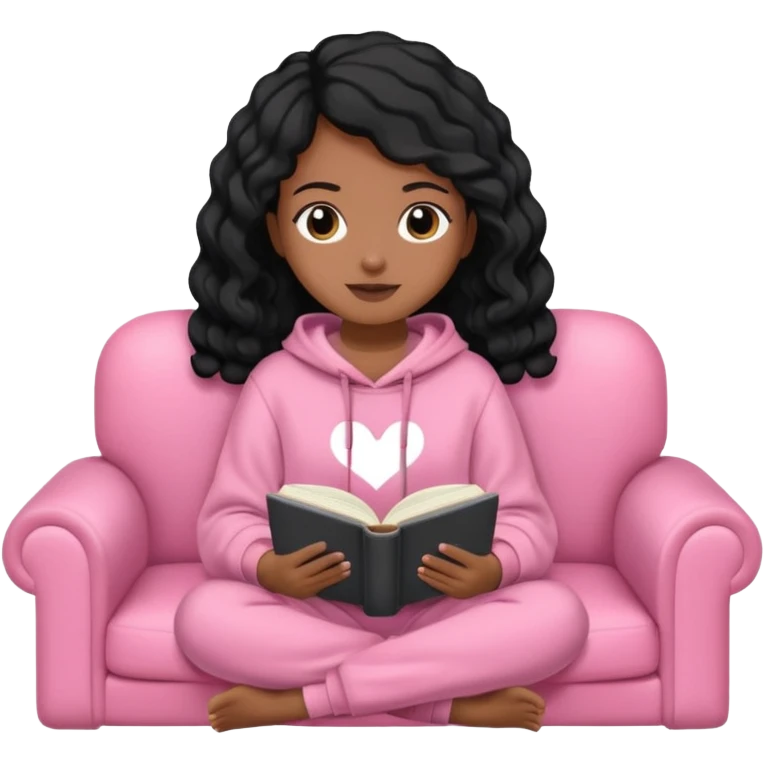Una chica linda de cabello negro con ondas hasta los hombros de piel blanca con una sudadera rosa en un sofá cómodo y hermoso leyendo la biblia emoji