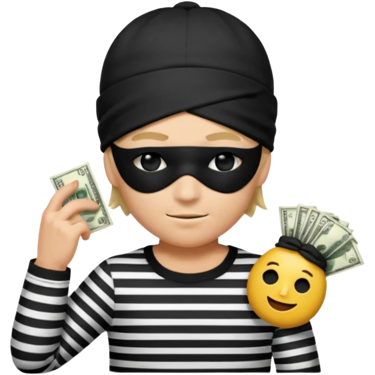 a short ios emoji-style portrait of a classic burglar, a black eye mask (looks like a blindfold) and a black-and-white striped shirt. emoji-like hair, black hat, ONE bag of money 💰 with a dollar sign in a right corner emoji