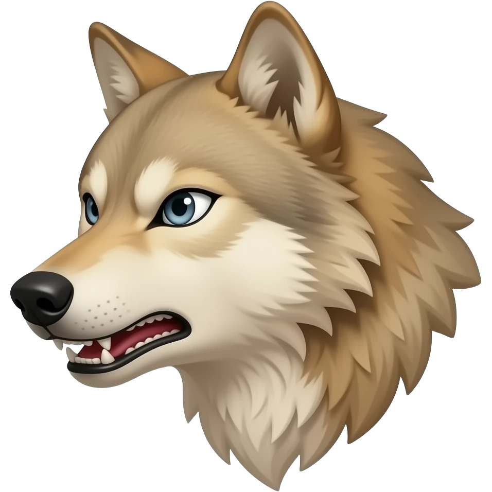 A little bit realistic angry face male Beige wolf head very realistic Turn sideways aggressive light blue gray eyes emoji