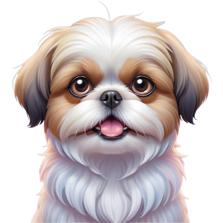 Cinematic Comical Shih Tzu Portrait Emoji, Head cocked with a hilariously exaggerated, shocked expression and twinkling, comically wide eyes, showcasing a fluffy, luxurious fur in soft pastel tones, simplified yet whimsically detailed, glowing with a playful, sassy radiance, high shine, exuding a humorous and cheeky charm, styled with a soft glowing outline, capturing the essence of a Shih Tzu that looks as if it could burst into a fit of playful antics at any moment! emoji