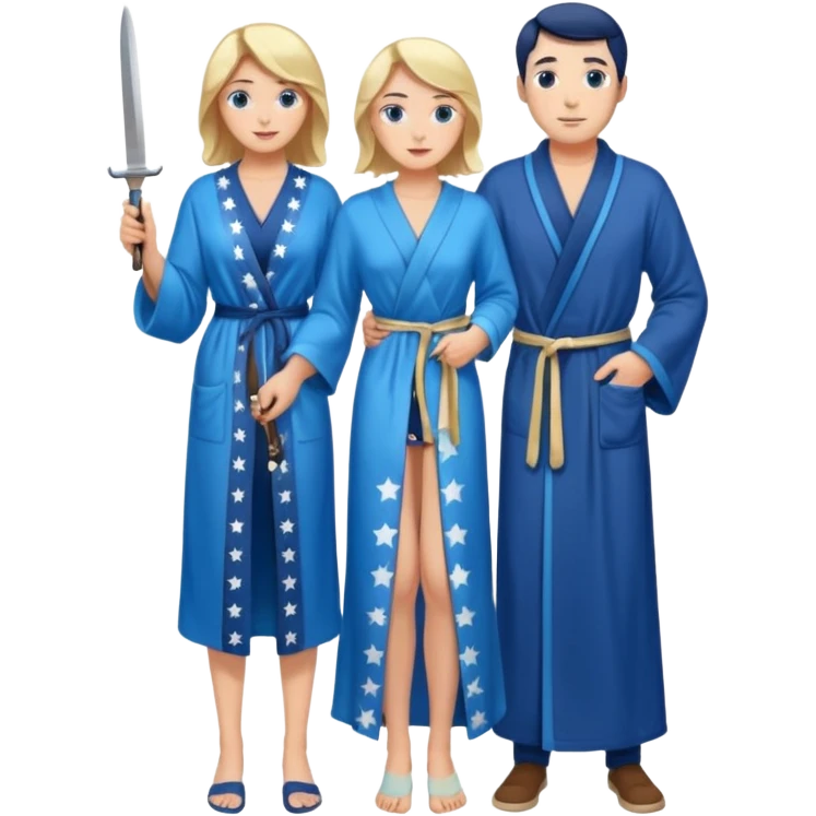An upright Europe (a tall woman), wearing a blue, flowing robe with stars on the hem. In the background stands a man, with a knife
He has to stand behind her. the top of the knife to her back emoji