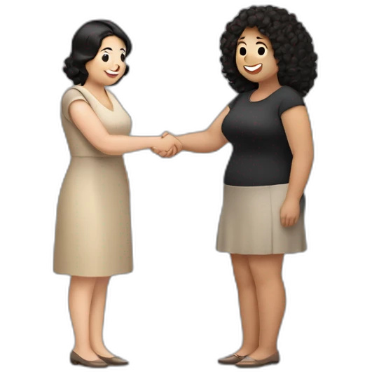 tan chubby woman with black curly hair shakes hands with a chubby pale woman who has straight light brown hair emoji