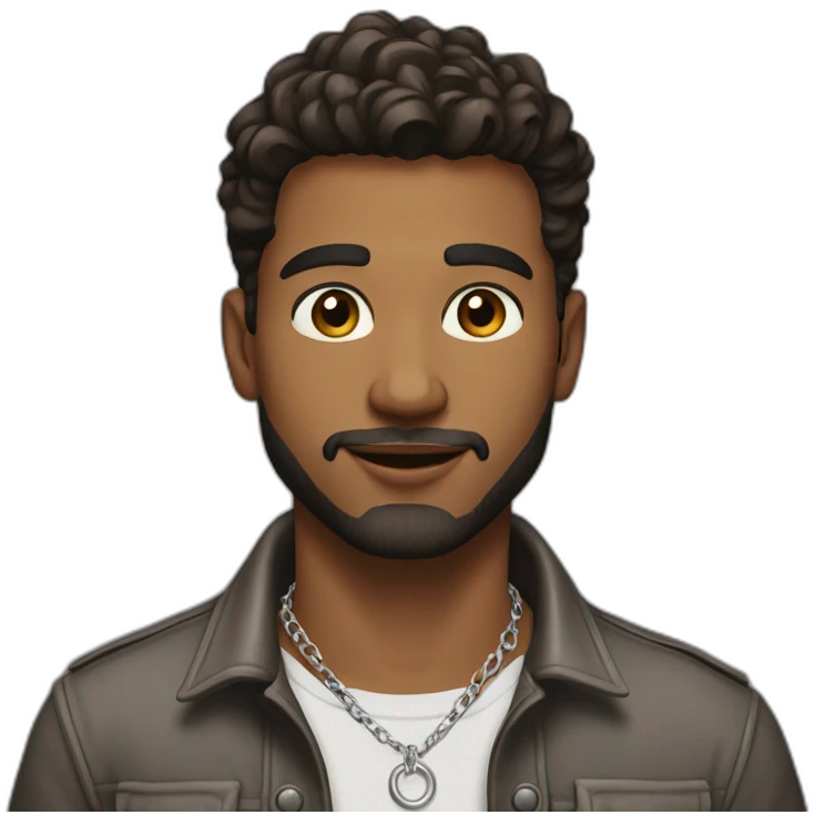 The guy is 23 years old, Alexander, hairstyle on the side, short beard, brown eyes, dressed in an unbuttoned shirt and jacket, silver chain on the neck emoji