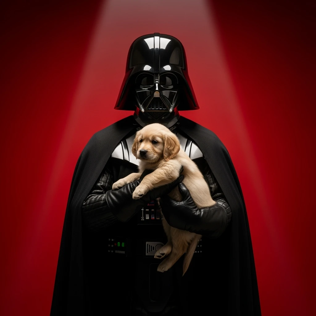 Photo of a darth vader holding puppy golden retriver, low key light, red solid background with leading lines, back light, spot light emoji