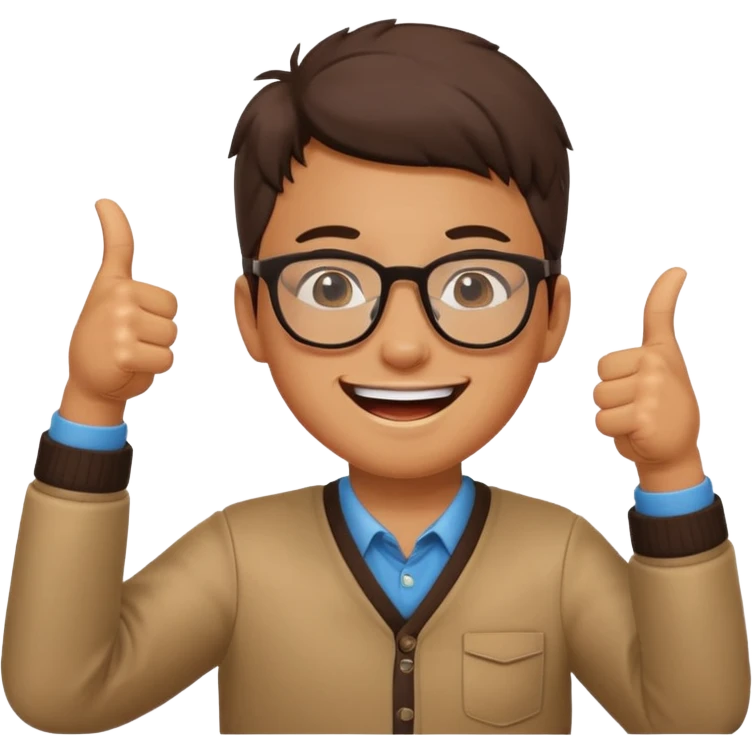 un estudiante que este parado con sus lentes guiñando el ojo y CON LAS MANOS HACIA ARRIBA DANDO LIKE emoji