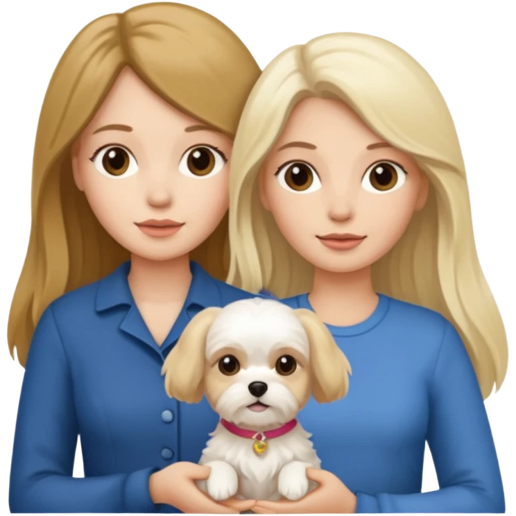 two women are holding only one Maltese dog. one woman is brunette the other woman is blonde long haired  emoji