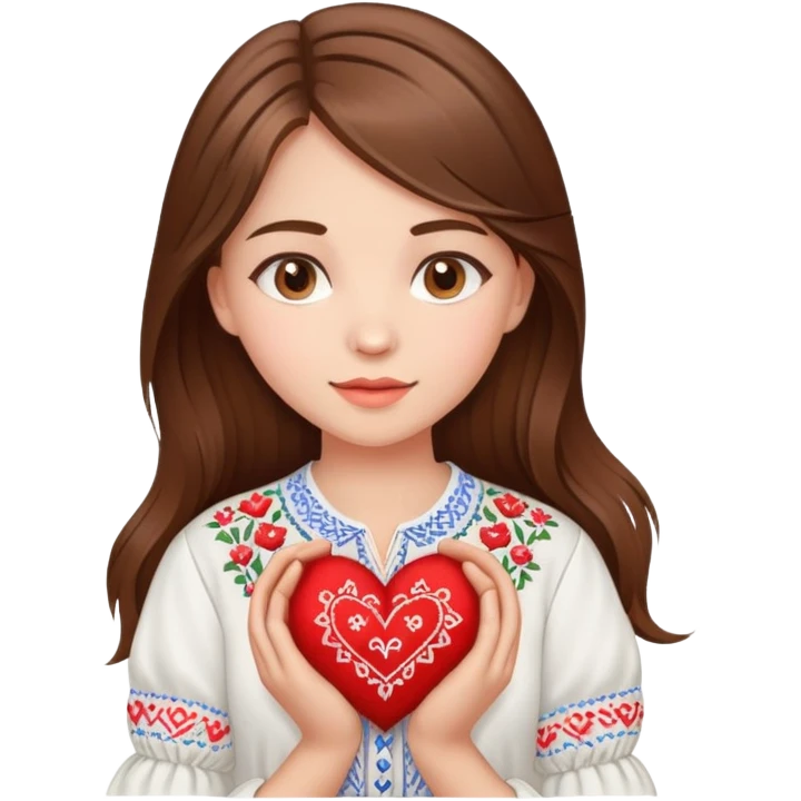 Beautiful young girl with brown hair in a white Ukrainian embroidered shirt holding a large embroidered heart emoji