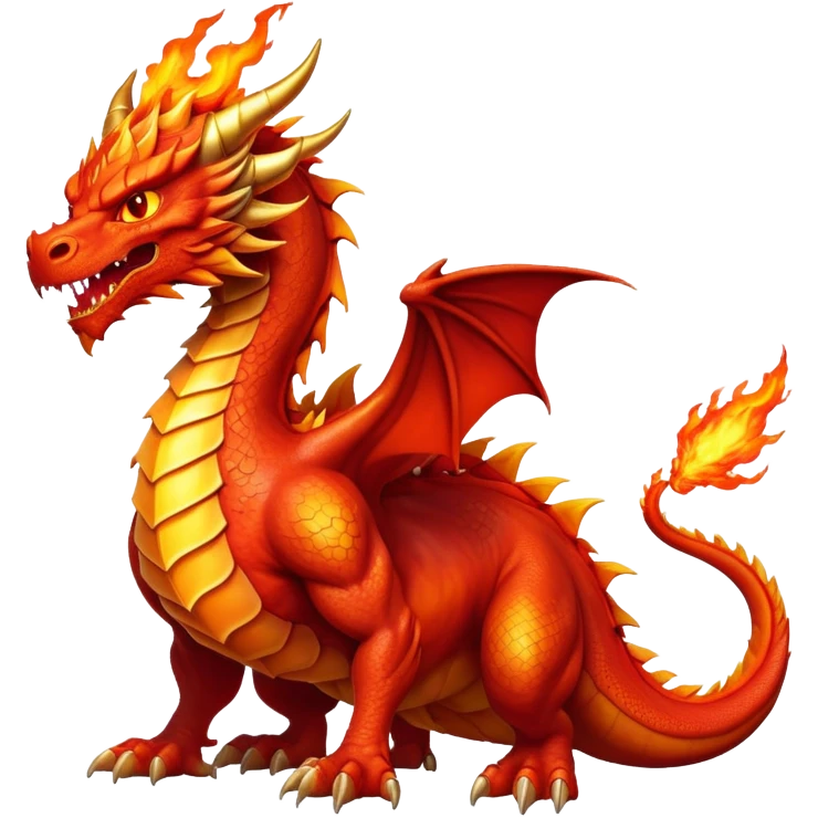 cinematic-noble-fierce-fire-dragon-full body-emoji,-poised-and-imposing,-with-a-muscular,-scaled-body-ablaze-in-fiery-hues-of-crimson,-molten-orange,-and-molten-gold,-and-intense,-burning-eyes-that-mirror-the-heart-of-a-volcano;-rendered in detail, displaying hi emoji