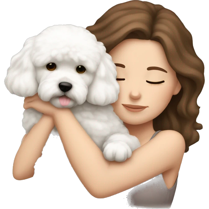 White girl brown hair sleeping with Mini Bichon emoji