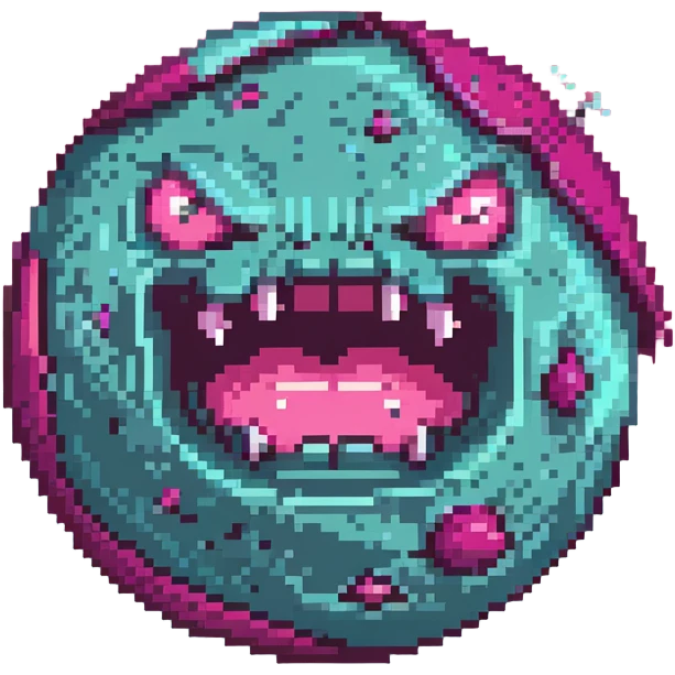 bright pink planet with darker pink spots and an angry face with gritted teeth emoji
