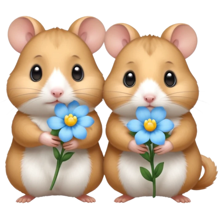 Hamster holding light blue flowers facing another hamster with big eyes emoji