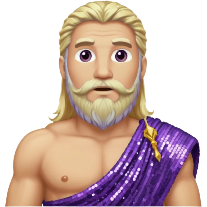 Zeus from Olympus Gods with long blonde hair and beard, purple sequin loincloth emoji