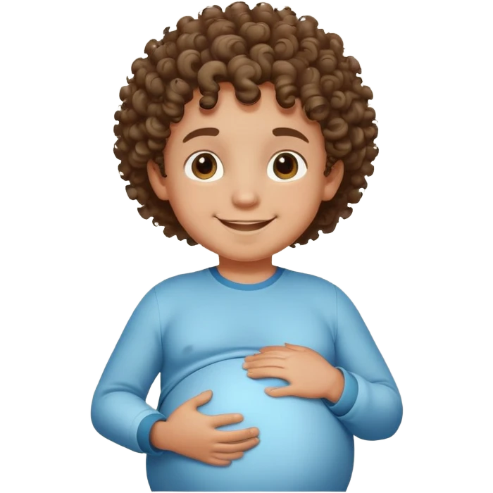 smiling boy with curly hair, and light dark skin  with a pregnant belly emoji